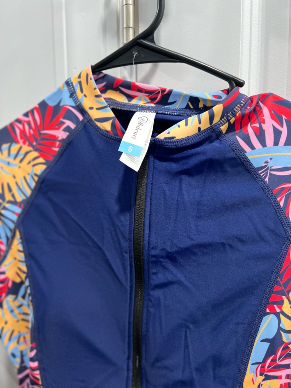 Women's Long Sleeve Navy and Tropical Print One-Piece Swim Suit - Picture 5 of 5